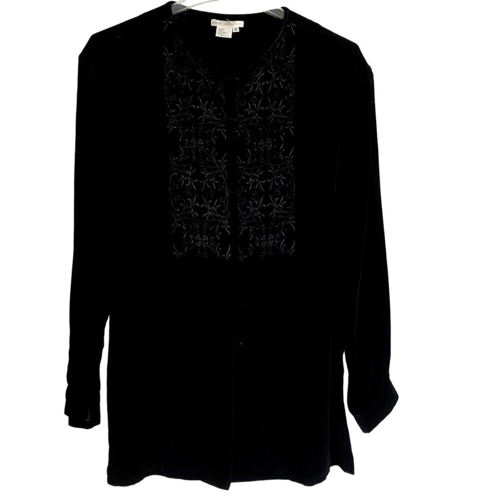 Annie Alexander Women's Black Velvety Embellished Button-Down Blouse Medium